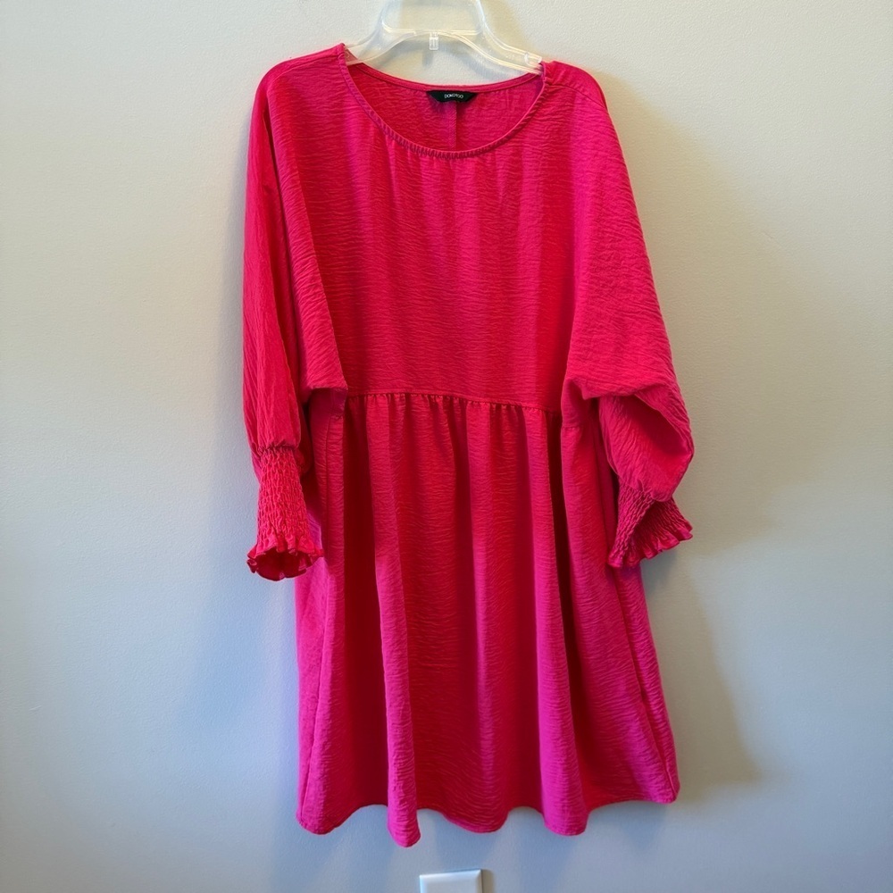 Bright Pink Smocked Sleeve Women's Dress